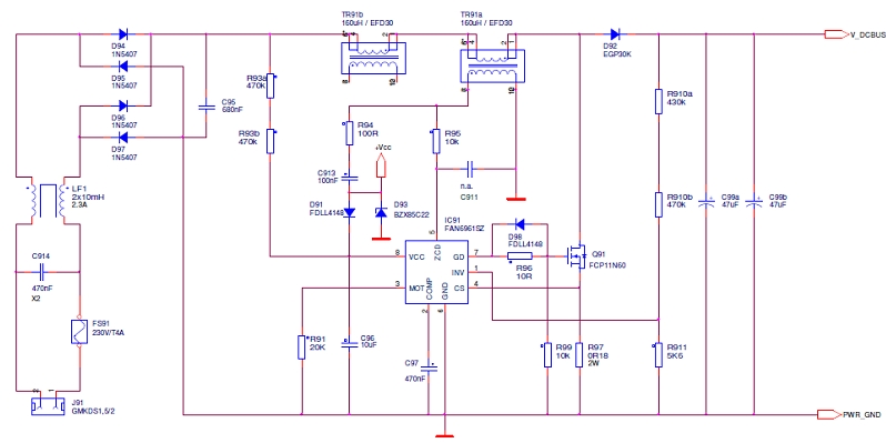 圖1:基于FAN6961的帶整流和EMI濾波功能的電路圖