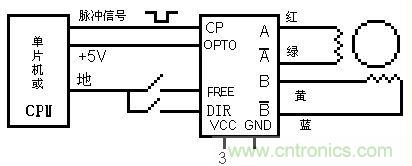 圖2:某廠SH系列二相恒流斬波驅(qū)動(dòng)電源與單片機(jī)及電機(jī)接線圖