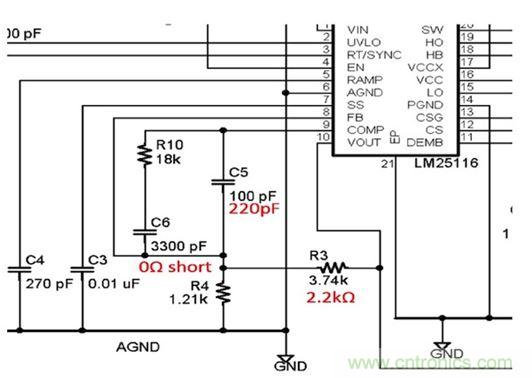 圖4：評估板部分原理圖顯示必須調整分壓器(R3和R4)將輸出電壓從5V改變到3.3V。另外還有其它多處改變。